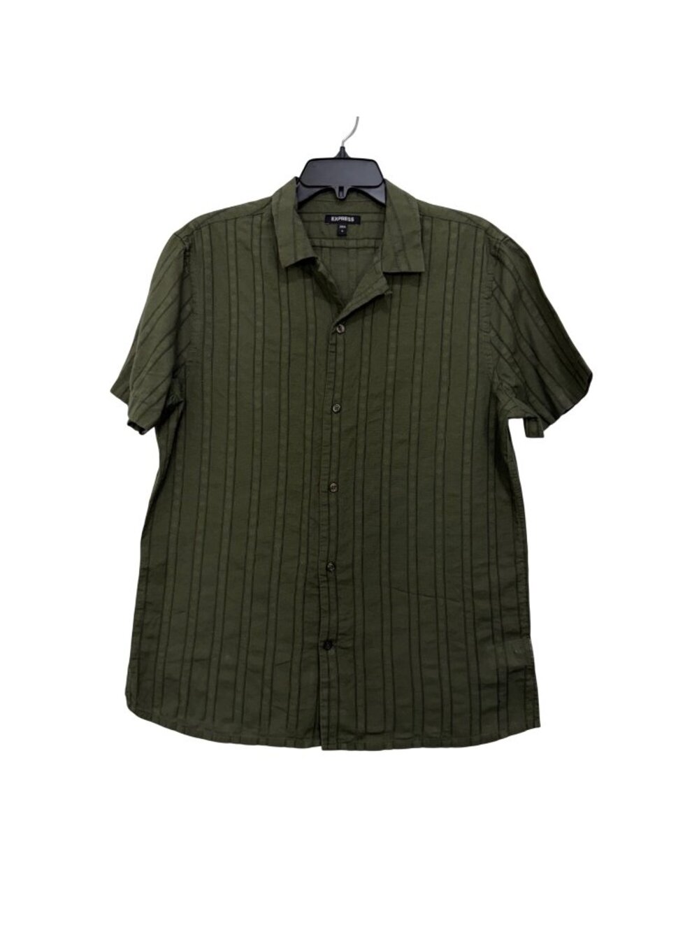 Express Mens Olive Green Short Sleeve Button-Down Shirt Medium Cotton Striped